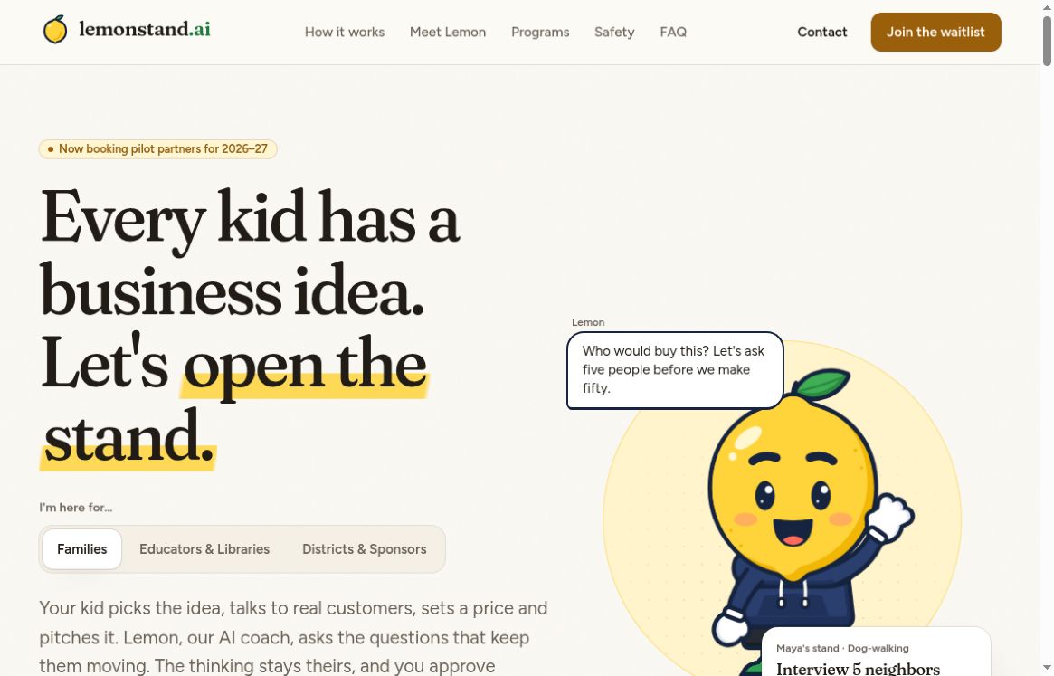Actual Lemonstand.ai public landing page, with the Lemon AI coach and entrepreneurship introduction.